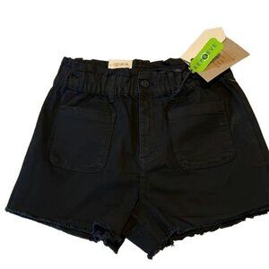Ban.jara Womens Super High Rise Denim Shorts 7/27 Recycled Frayed Hem Black